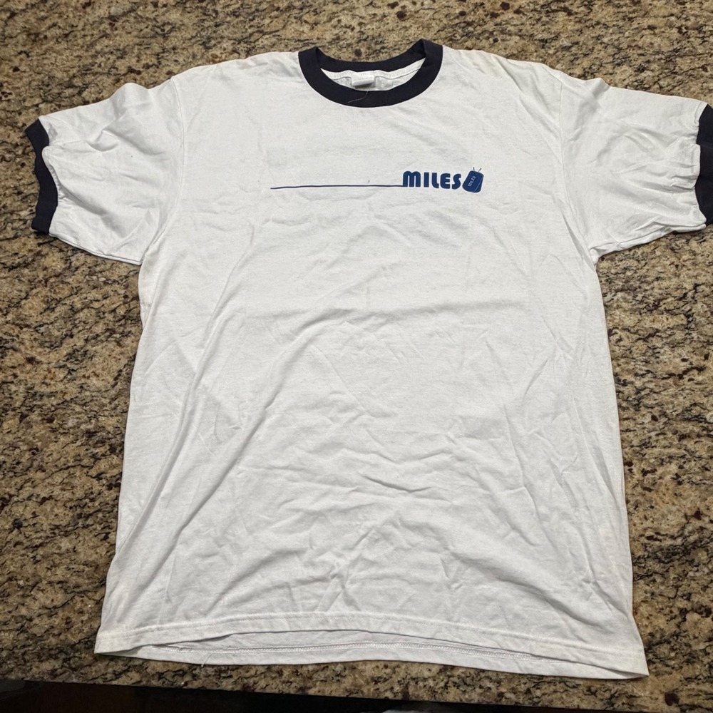 Vintage Miles Dog Tag Graphic Ringer T-Shirt Mens XL White Blue Cotton v